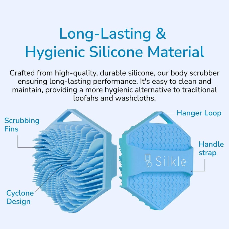 SILKLE Silicone Body Scrubber – Gentle Exfoliating Shower Scrubber for Body & Bath, Silicone Shower Brush & Loofah Alternative – Non-Slip Silicone Body Brush, Quick Dry, Hygienic - Blue - Image 4